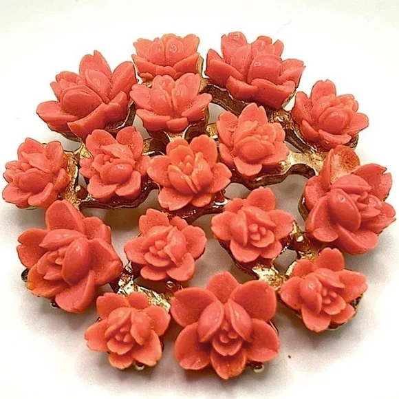 Vintage Celluloid Rose Floral Brooch in Coral and Gold - Picture 1 of 5